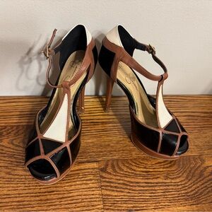 Jessica Simpson Rita Strap Black, Brown, and Cream Heels